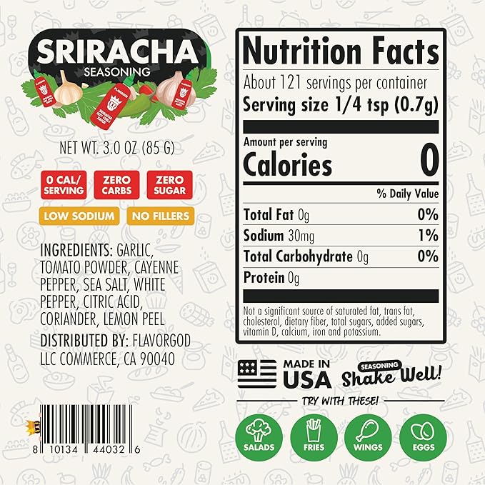 Sriracha Seasoning by Flavor God - Premium All Natural & Healthy Spice Blend for Chicken, Hot Dogs, Onion Rings, Popcorn, & Sliders - Kosher, Low Sodium, Gluten-Free, Dairy-Free, Paleo, Vegan-Friendly - Great Flavor Spices and Seasoning Gift