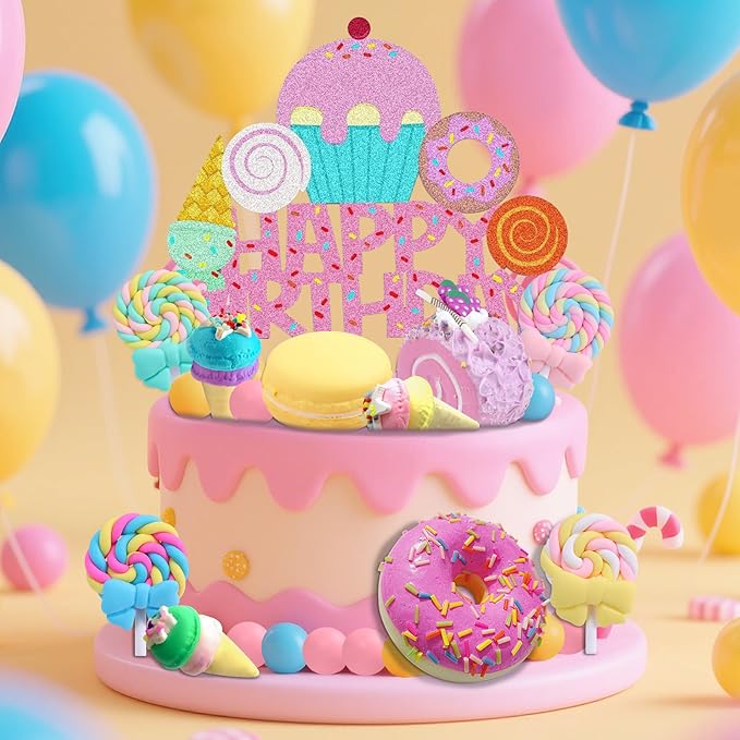 25 PCS Donut Cake Topper Candy Cupcake Toppers Candy Birthday Themed Party Supplies Ice Cream Cupcake Toppers
