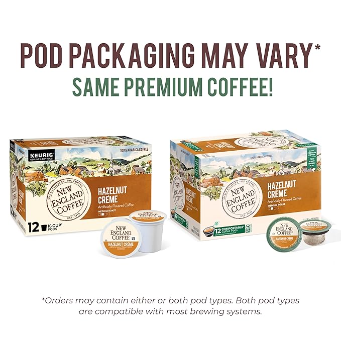 New England Coffee Hazelnut Crème Medium Roast Single Serve Pods, 12ct Box (Pack of 1)