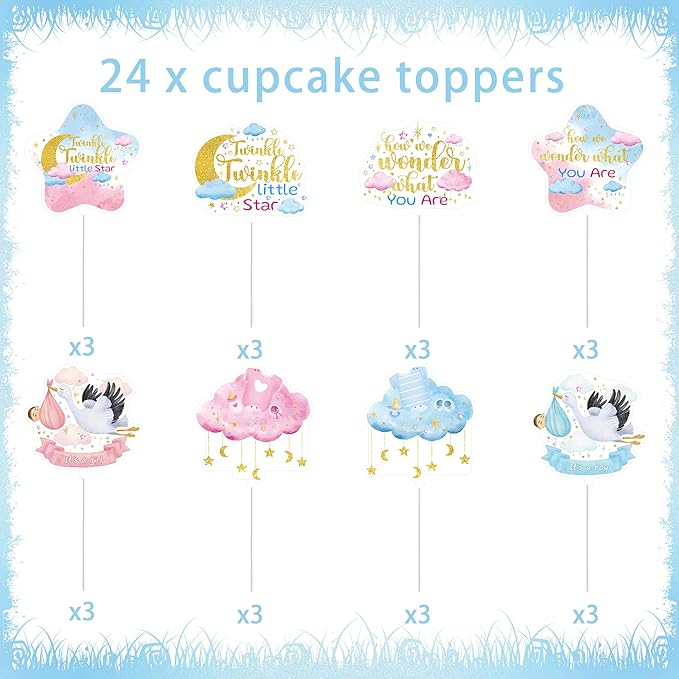 24Pcs Star Baby Shower Cupcake Toppers, Twinkle Twinkle Little Star Cupcake Decorations, Moon Cloud Party Supplies, Gender Reveal Decor