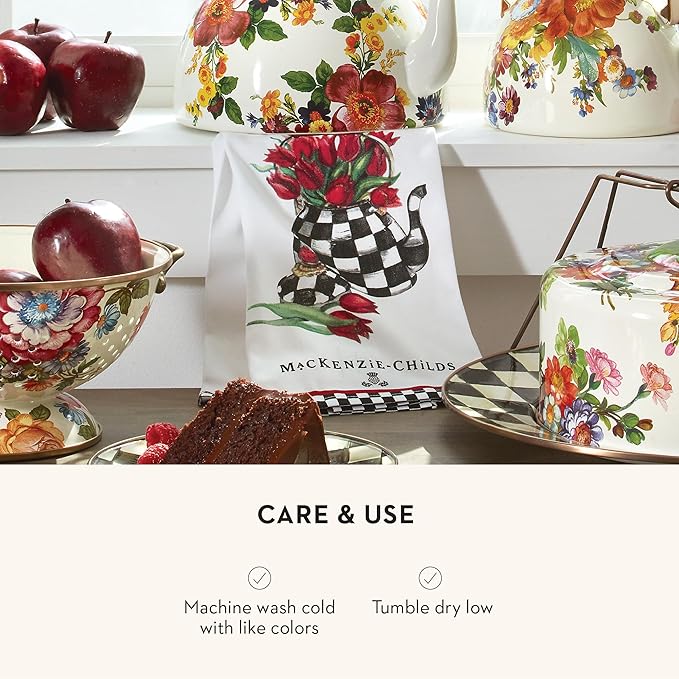 MACKENZIE-CHILDS Cotton Dish Towel, Cute Decorative Kitchen Dish Towel for Cleaning and Home Decor, Set of 1, Tulip Tea Kettle