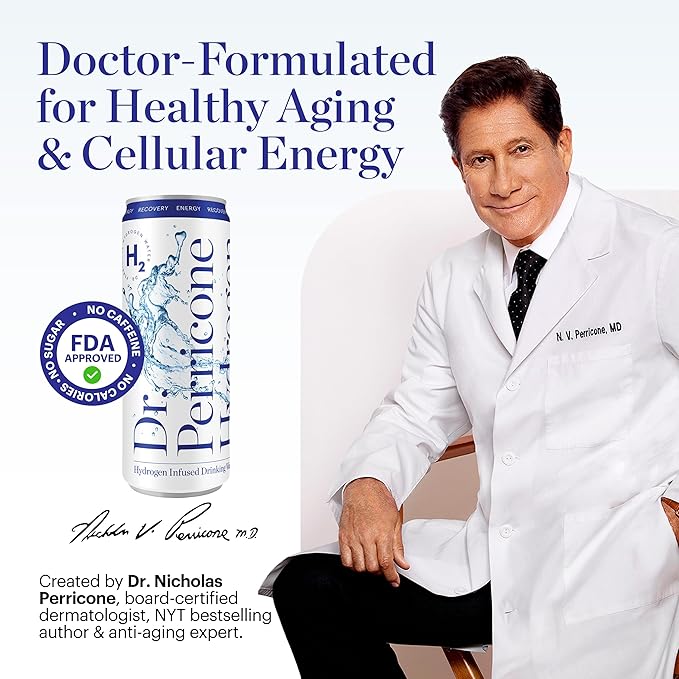 Dr. Perricone Hydrogen Water 24-Pack (12oz) Artesian Water w/ 1.0–1.5ppm Hydrogen – Natural Antioxidant Hydration for Energy, Recovery, Skin & Cellular Health, Premium Aluminum Cans