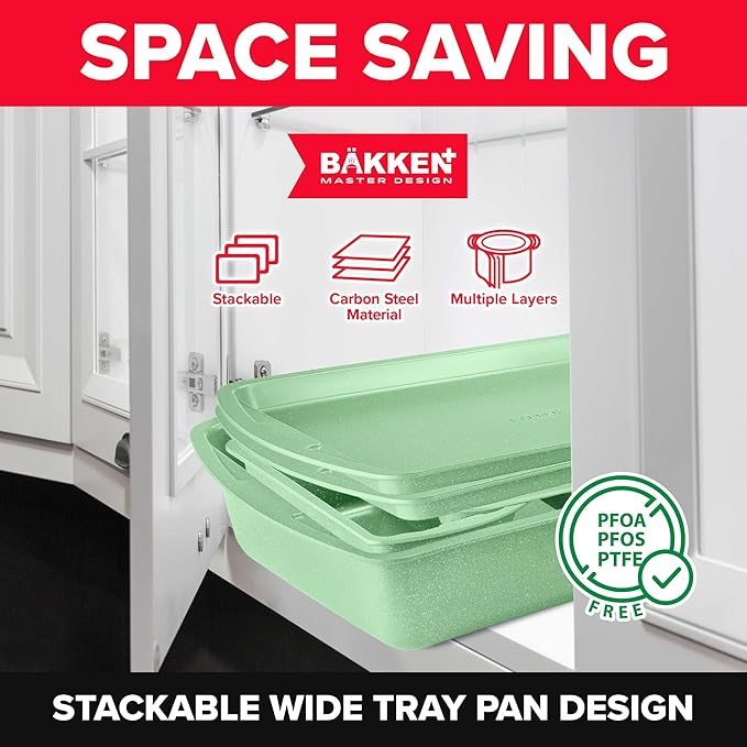 BAKKEN Kitchen Baking Pan Set - Nonstick Green Marble Coating, Commercial Grade Carbon Steel Bakeware Sets, Baking Kitchen Essentials, PFOA, PFOS, PTFE Free, Oven Safe Tray (Up To 450° F), Set of 6