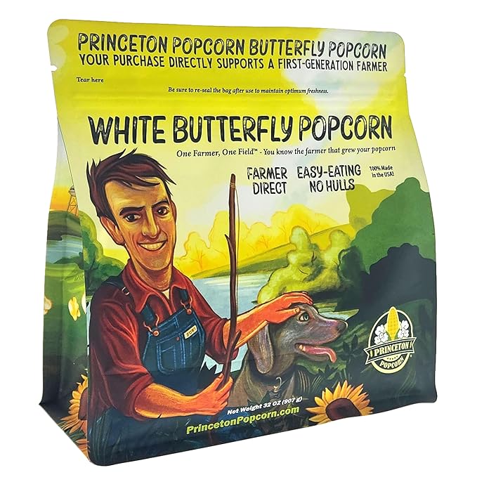 Princeton Popcorn White Butterfly Hulless Popcorn Kernels - Easy-Eating, Small Tender Popping Corn, Non-GMO Popcorn Kernels, No Hulls, Farmer Direct, Microwave Air Popper or Stovetop 3-Pack 2lb Bag 96oz
