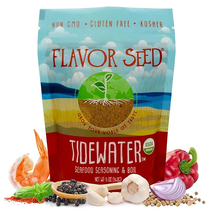 Flavor Seed Tidewater Organic Seafood Seasoning, All Purpose Fish Seasoning for Shrimp, Crab Meat, Lobster and Seafood Boils with Vegetables. Sugar Free, Vegan & Keto Friendly, Resealable 5 oz Pouch