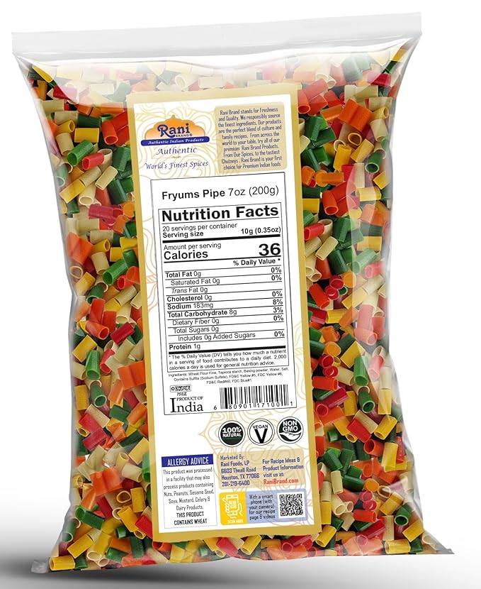 Rani Far Far/Fryums (Wheat & Tapioca Pellet) Round/Pipe Shape 7oz (200g) ~ Vegan, Kosher, Uncooked, Used to Make Papad, Bhungra/Chip Snack