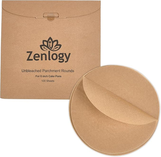 Zenlogy 6 Inch Parchment Paper Rounds (100 Sheets) - Unbleached, Pre-cut, High Heat, Round Liners - Fits 6 inch Small Round Cake Pans or Great for Lining, Freezing and Storing, and Separating