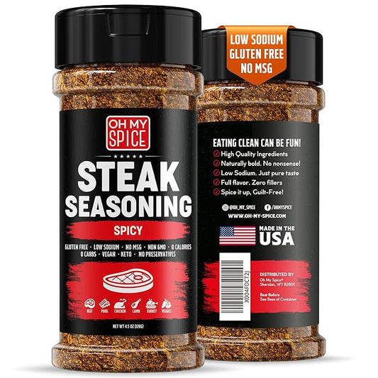 Steak Seasoning Spicy Blend Mix - Gluten Free & Low Sodium Hot Meat Seasoning for Beef, Ribeye & New York Strip Steaks. Spicy Steak Seasonings for Grilling. Gourmet Steaks Spices Salt. BBQ Rub. 4.5oz