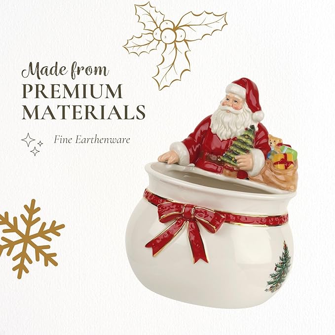 Spode Christmas Tree Candy Bowl - 7.5-Inch Earthenware Bowl for Candy, Nuts, Potpourri, Holiday Decor - Food-Safe Decorative Design with Santa and Tree Motif - Christmas Gift, Festive Tabletop Accent