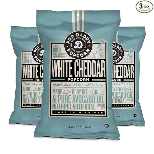 Pop Daddy Flavored Popcorn Gourmet, White Cheddar Flavor Popped Popcorn, Hand Seasoned Ruby Red Kernels, Gluten Free Healthy Popcorn Snacks, 6oz Individual Bags, 3 Pack