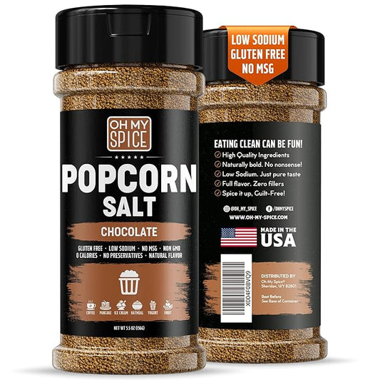 Popcorn Salt Chocolate Powder Mix - Gluten Free & Low Sodium Cocoa Powder Popcorn Salt Seasoning. Movie Night Pop Corn Flavoring Seasoning. Pop Corn Seasonings Salts. Sweet Cacao Blend Topping. 5.5oz