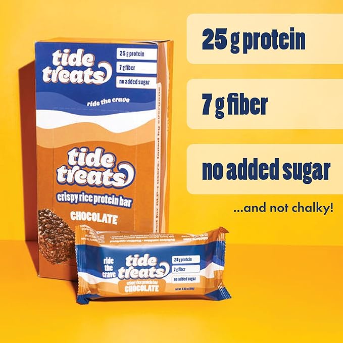 25g Protein Bar Crispy Rice Treat Chocolate | Clean Ingredients, Gluten Free, No Added Sugar, 7g Fiber | High Protein Snack, Post-Workout Dessert Cravings | 8 Count | TideTreats