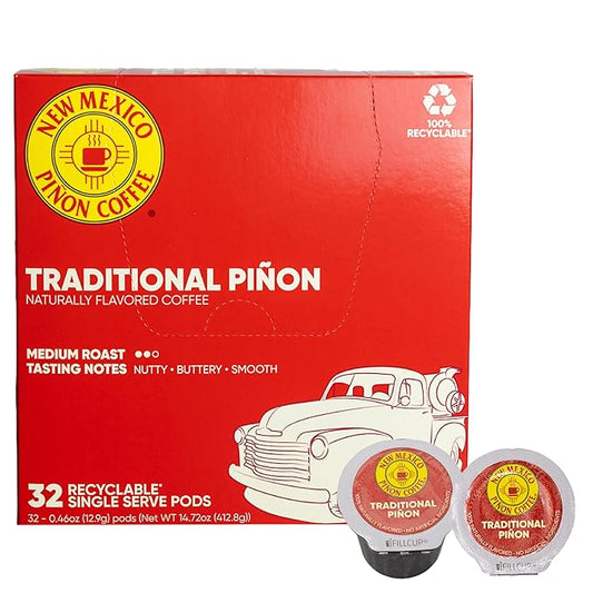 New Mexico Piñon Naturally Flavored Coffee K Cups Traditional Piñon Capsules - Nutty & Smooth Medium Roast 100% Arabica Single Serve Recyclable K-Cup Coffee Pods - 32 Count