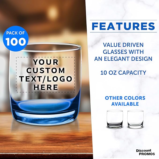 DISCOUNT PROMOS Custom Whiskey Glasses 10 oz Set of 100, Personalized Bulk Pack - Heavy Base Old Fashioned Glass, Perfect for Scotch, Bourbon, Whiskey, Cocktail - Blue Bottom Color
