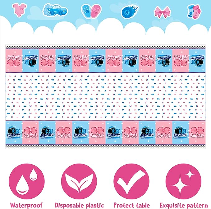 3Pcs Burnouts or Bows Gender Reveal Tablecloth Boy or Girl Plastic Table Cover He or She Party Decorations Supplies for Baby Shower Baby Gender Reveal Birthday Dessert Buffet Banquet Table Decor