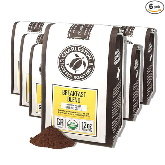 Charleston Coffee Roasters | Specialty Organic Ground Coffee | Hand Picked, Premium Slow Roast (Breakfast Blend, Medium Roast) 12oz, 6 pack