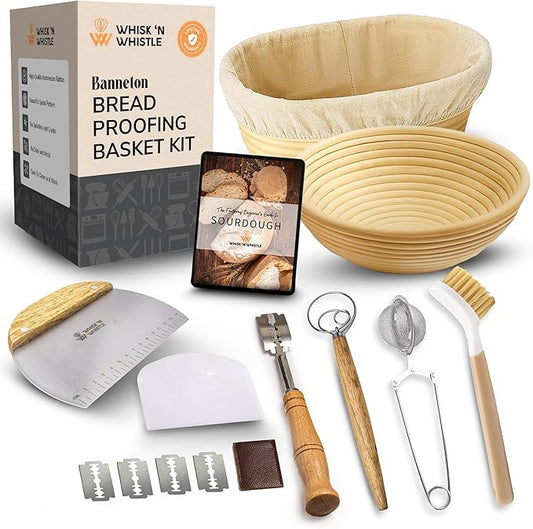 Trailblaze Banneton Bread Proofing Basket Set ??Complete Sourdough Bread Baking Supplies ??Sourdough Starter Kit ??Sourdough Proofing Basket Gift for Bakers - Bread Baskets (9" Round & 10" Oval)