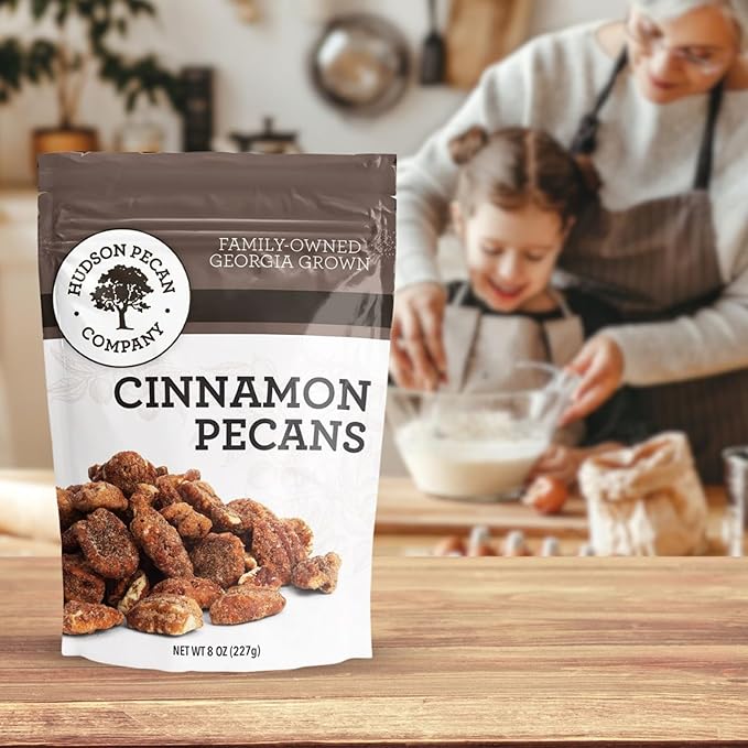 HUDSON PECAN COMPANY: Cinnamon Pecans, Georgia Grown, Family Owned. Cinnamon & Sugar Candy Coated Pecans, Expertly Baked to Perfection, (Perfect for Salads, Baking, Snacking & Gifting), 8oz