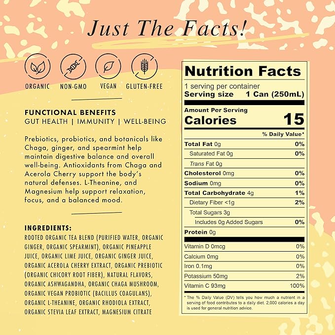 NA Non-Alcoholic Functional Adaptogen Drinks with Pre & Probiotic Blend | Ashwagandha, Mushrooms, Magnesium & L-Theanine | Low Sugar, Low Calorie Social Tonic, Ginger Pineapple, 8.4oz Cans (12 Pack)