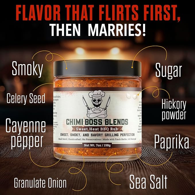Sweet Heat BBQ Rub by Chimi Boss Blends, 7oz ??All-Natural BBQ Seasoning with a Bold Kick of Sweet and Spicy ??Handcrafted, No Fillers, Perfect Barbecue Rub for Grilling Meats, Ribs, Chicken, Pork & Veggies