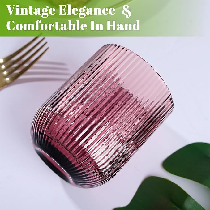 Joeyan Vintage Small Drinking Glasses,Ribbed Colored Water Cocktail Tumblers Cups,Beer Wine Juice Milk Beverages Glassware,9 oz,Set of 4,Dishwasher Safe