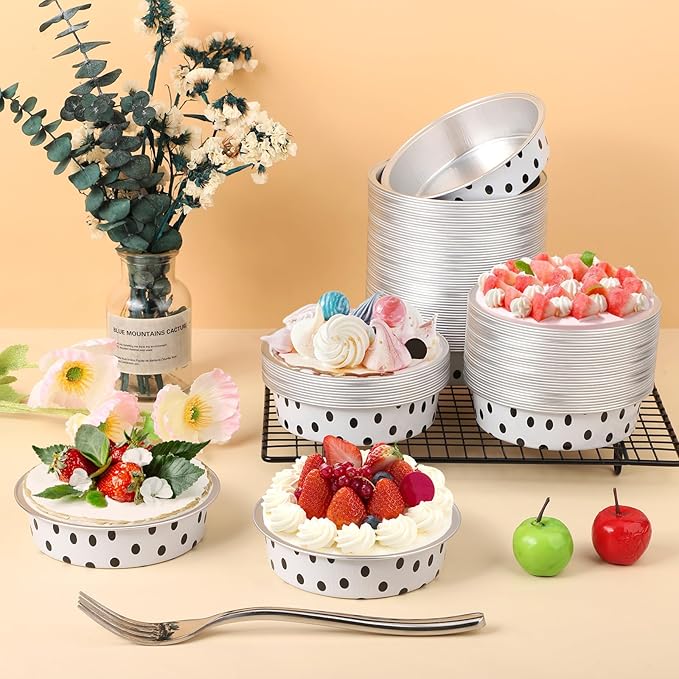 Beasea Aluminum Ramekins Disposable, 200 Pack 4" 7.3oz 215ml Baking Foil Cups Mini Ramekin Cup Cupcake Aluminum Baking Cups No Lids for Party - Black Dot in White