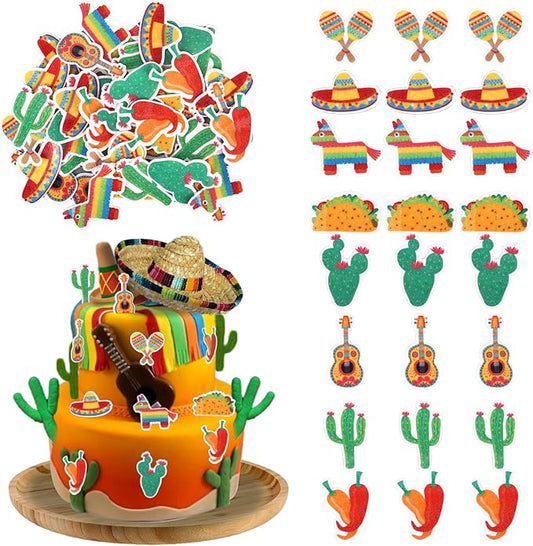 56 PCS Edible Mexican Fiesta Cupcake Toppers Cactus Donkey Maraca Sombrero Guitar Cupcake Picks Edible Mexican Fiesta Cake Decorations for Mexican Fiesta Theme Baby Shower Birthday Party Supplies