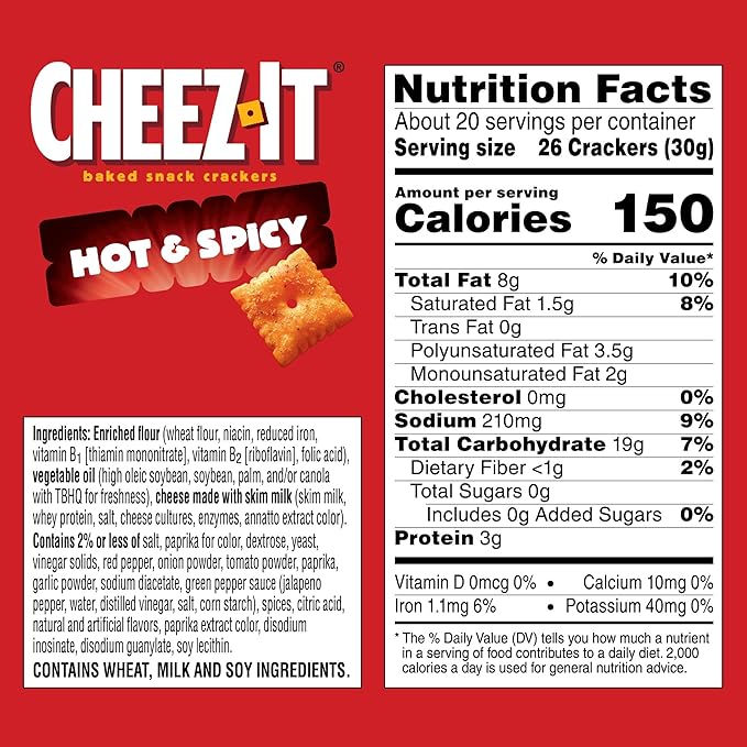 Cheez-It Baked Snack Crackers, Lunch Snacks, Family Size, Hot and Spicy, 21oz Box (1 Box)