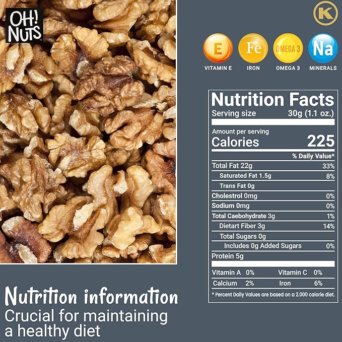 Oh! Nuts Walnuts - Dry Roasted Unsalted - 2 lb - Packed in New York Zip-Seal Bag for Exceptional Freshness