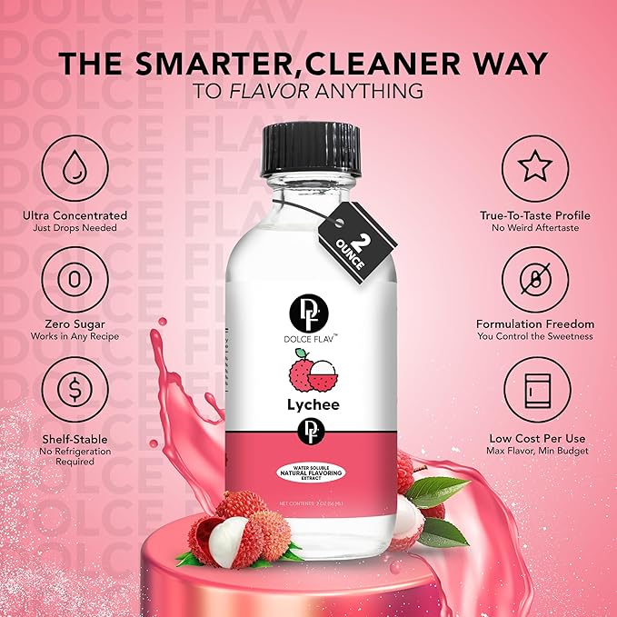 Dolce Flav Natural Lychee Extract ??2 Ounce Water-Soluble Kosher, Sugar-Free, Concentrated Exotic Lychee Flavoring for Beverages, Desserts & Baking, Includes Measured Dropper