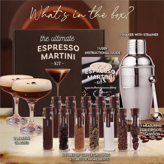 Espresso Martini Kit Gift Set– Complete Martini Maker Set with Espresso Mix, Party-Ready Accessories, and Elegant Decorations for Birthdays and Events, Birthday Gifts for Women