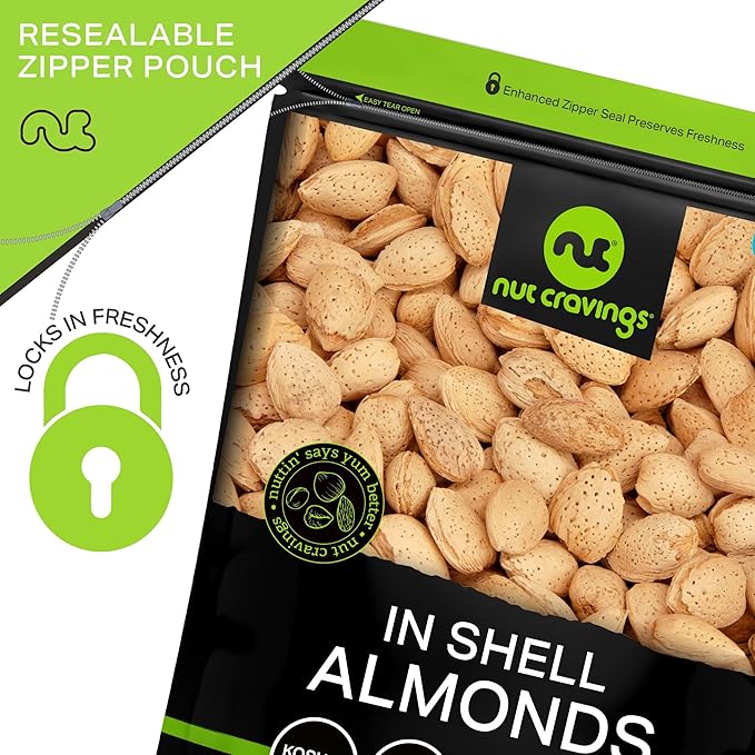 NUT CRAVINGS - In Shell Almonds - Raw, Whole, (32oz - 2 LB) Packed Fresh in Resealable Bag - Nut Snack - Food Assortments Ideal for Trail Mixed Nuts