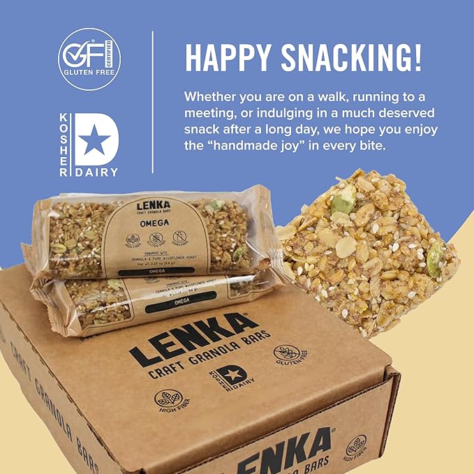 Lenka Bars - Omega Snack Bars, Gluten Free, High Fiber, Kosher, Wholesome, No Artificial Flavors, Individually Wrapped - 12 Pack