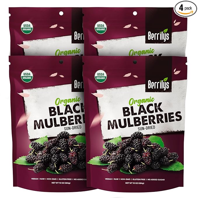 Berrilys, Organic Sun-Dried Black Mulberries, 4 Pack Bundle [4x10 oz], Raw, Gluten Free Mulberry, No Preservatives, No Additives, No Colorings