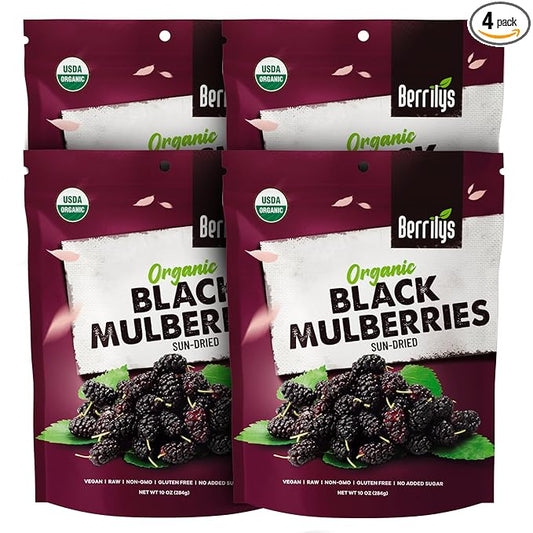 Berrilys, Organic Sun-Dried Black Mulberries, 4 Pack Bundle [4x10 oz], Raw, Gluten Free Mulberry, No Preservatives, No Additives, No Colorings