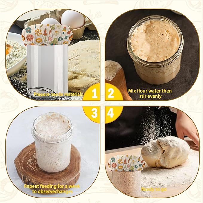 Vintage Mushrooms Sourdough Starter Jar Cloth Covers, Gifts for Women Baker 5 Pack Kit Stretchy Cloth Bowl Lids Fits Jar Mouth Ranging 3"- 4" Inches