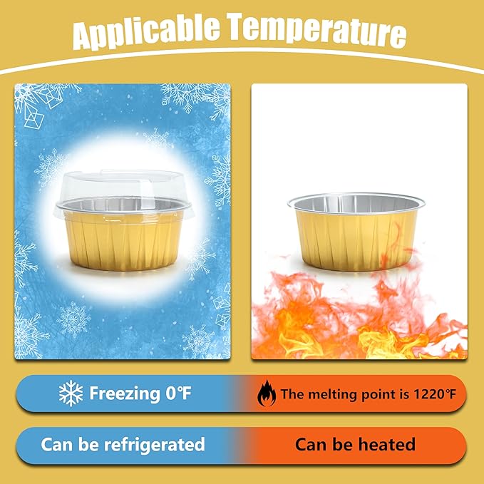 Aluminum Cups with Lids, 4.2oz 50Pcs Gold Disposable Cake Pans with Lids, Creme Brulee Cups, Mini Cake Pans for Party, Wedding, Birthday