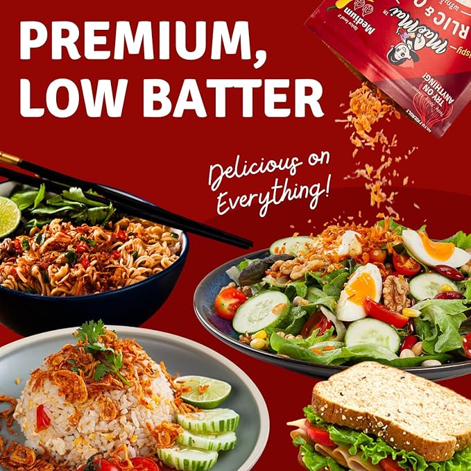 MaeMai Chili Crisp (MEDIUM HOT Spice) - Spicy Umami Onion & Garlic Flakes - All-Purpose Seasoning, Topper | Chili oil WITHOUT THE OIL. Crunchy condiment for rice seasoning, ramen topping | 9.51oz (3-PACK)