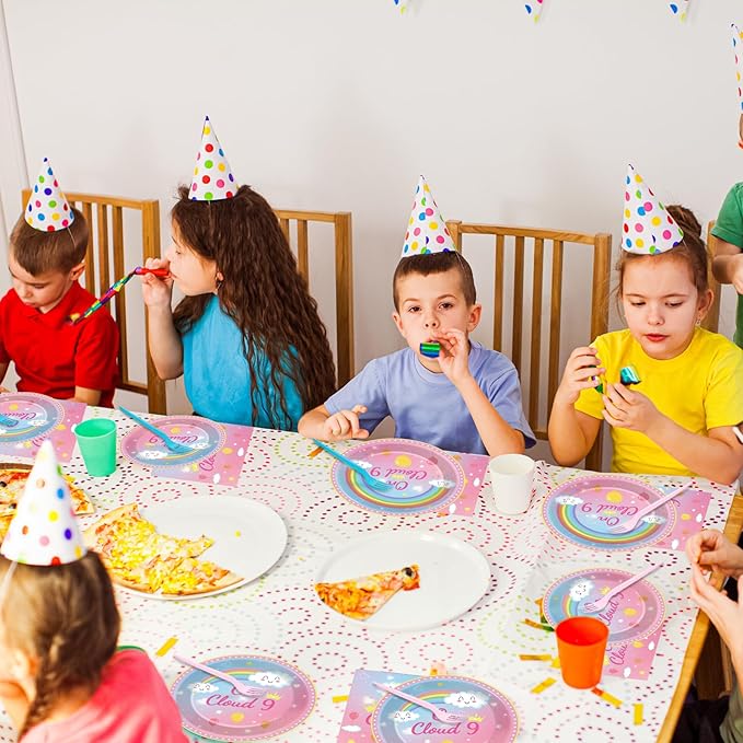 96 Pcs On Cloud 9 Birthday Decorations for Girls On Cloud 9 Party Plates and Napkins Supplies 9th BirthdayTableware Set Rainbow Themed Party Favors Serves 24 Guests