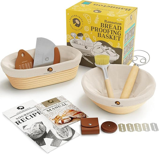 Superbaking Sourdough Proofing Basket Gift Set, Round 9" & Oval 10" Banneton, Sourdough Starter Kit, Sourdough Banneton Basket, Banneton Bread Proofing Basket Set of 2, Sourdough Bread Baking Supplies