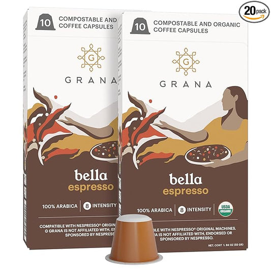 G GRANA Coffee Pods, Compatible with Nespresso OriginalLine, 20 Pack, Dark Roast, USDA Organic 100% Arabica Single Source Specialty Coffee, Compostable Single Serve Capsules, Bella