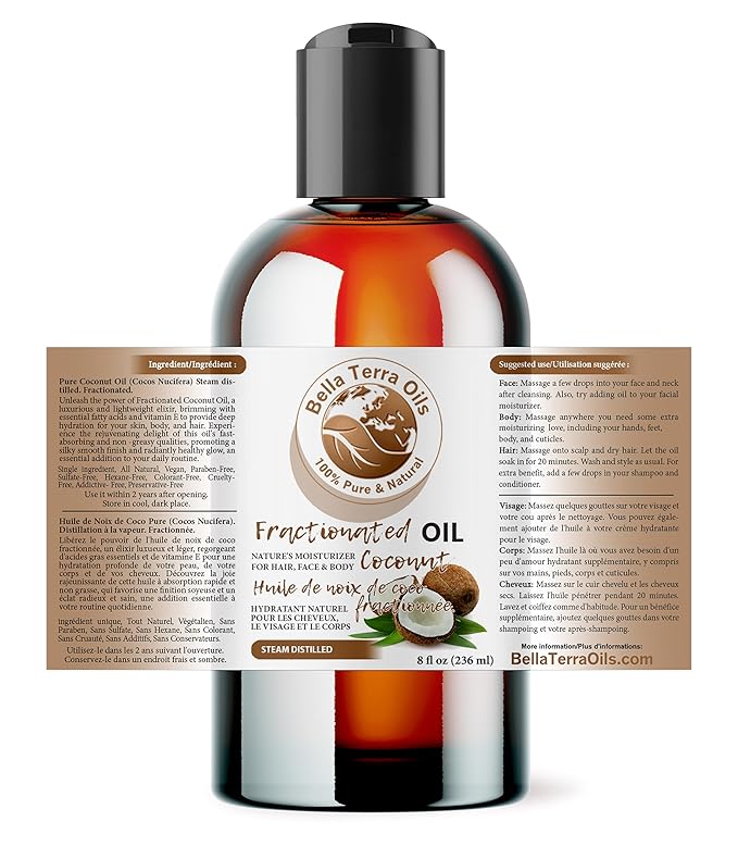 Bella Terra Oils - Organic Fractionated Coconut Oil 8oz - Celebrate the Coconut?셲 Liquid Gold, Infused with Antioxidants & Vitamins, A Precious Body Moisturizer