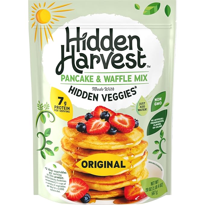 Hidden Harvest Original Pancake & Waffle Mixes: Non-GMO Project Verified, Made with Hidden Veggies You Can't See or Taste, 7g of Protein per Serving, Just Add Water, Fluffly Pancakes for a Delicious Breakfast (20 oz)