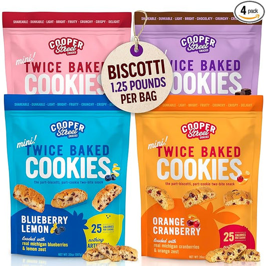 Cooper Street Twice Baked Biscotti Cookies Variety Pack - 1.25 Pounds Per Bag (4 Pack) - Gourmet Cookies Ideal With Coffee Or Tea | Peanut and Dairy Free Low Sodium Breakfast or On-The-Go Snack