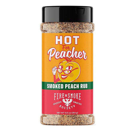Fire & Smoke Society Hot for Peacher BBQ Rub | BBQ Seasoning for Smoking and Grilling Meat | Pulled Pork Ribs Chops, Poultry, Chicken, Beef, Dry Rubs and Spices | XL 12.5 oz