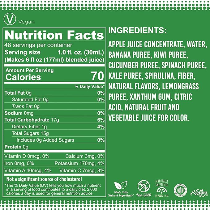 Fruniti Super Greens Smoothie Mix - Natural Cleanse + Detox - No Sugar Added - Fruit + Veggie Puree - Spirulina, Spinach, Kale, Cucumber, Lemongrass, Apple, Banana, Kiwi - Makes 24 Smoothies