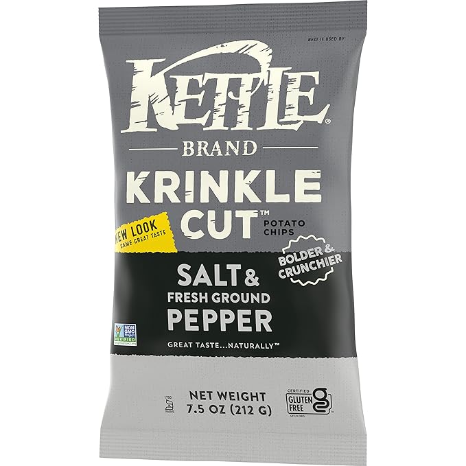 Kettle Brand Krinkle Cut Salt and Fresh Ground Pepper Kettle Potato Chips, Gluten-Free, Non-GMO, 7.5 oz Bag (Pack of 12)