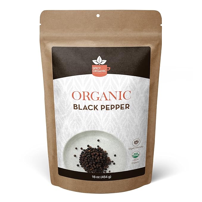 SPICY ORGANIC Black Peppercorns ??16 oz - Whole, Fresh, and Spicy Black Pepper for Grinder Refill, Premium Ceylon Quality, USDA Certified Organic, Gluten-Free, and Kosher
