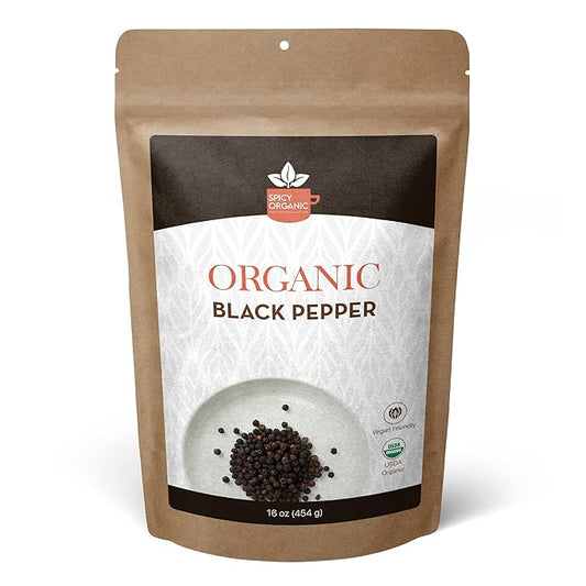SPICY ORGANIC Black Peppercorns ??16 oz - Whole, Fresh, and Spicy Black Pepper for Grinder Refill, Premium Ceylon Quality, USDA Certified Organic, Gluten-Free, and Kosher
