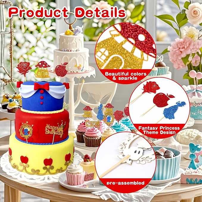 24pcs Blue Princess Cupcake Topper Glitter Royal Castle Happy Birthday Cake Toppers Red Rose Apple Cupcake Toppers for Princess Birthday Wonderland Forest Baby Shower Halloween Party Decor